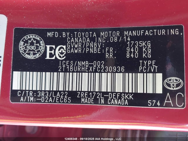 2015 Toyota Corolla S მანქანა იყიდება აუქციონზე, vin: 2T1BURHEXFC230936, აუქციონის ნომერი: 12408348
