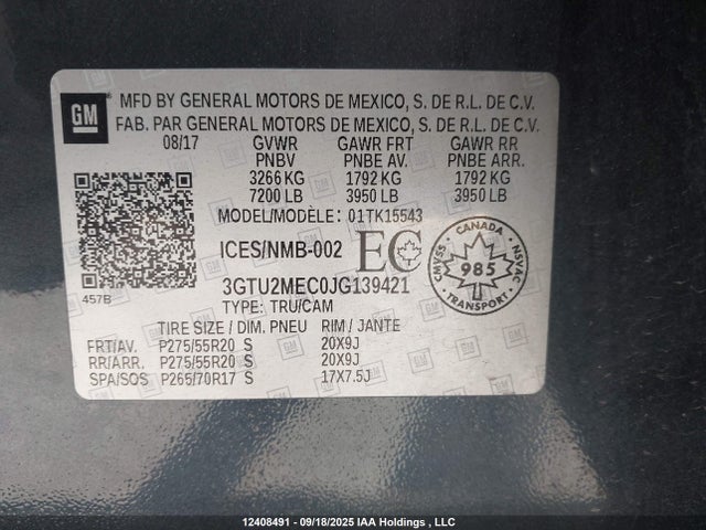 GMC l83 -spark ignited direct injection, variable valve timing, afm, e85 max, alum 2018 3GTU2MEC0JG139421 Image 9