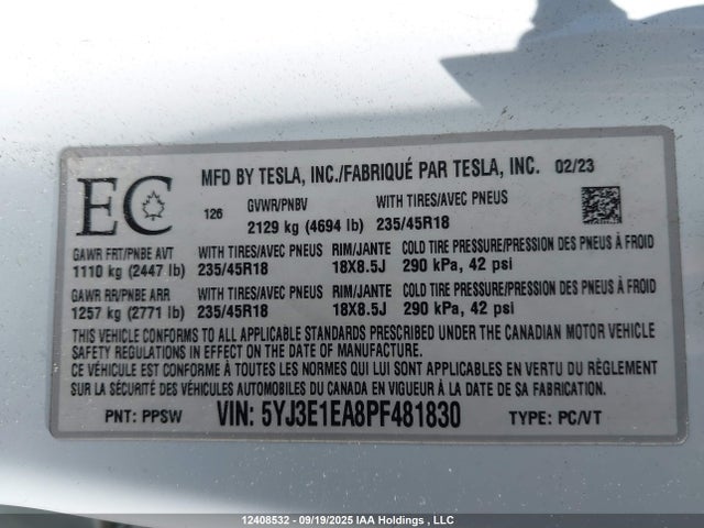 5YJ3E1EA8PF481830 Tesla MODEL 3