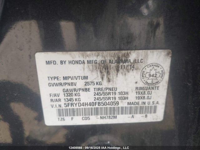 Acura j35y5 2015 5FRYD4H40FB504059 Image 9