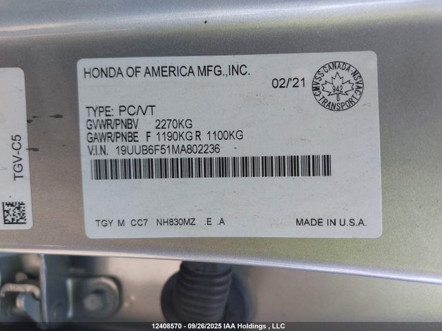 Acura k20c6 2021 19UUB6F51MA802236 Image 9