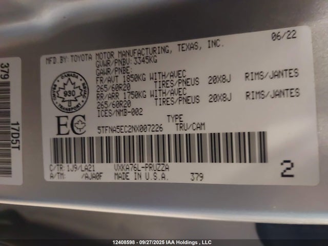 Toyota v35a-fts 2022 5TFNA5EC2NX007226 Image 9