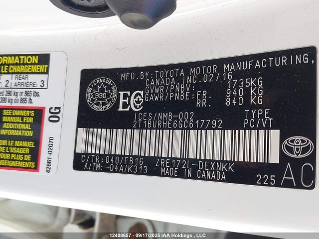 Toyota 2zr-fe 2016 2T1BURHE6GC617792 Image 9