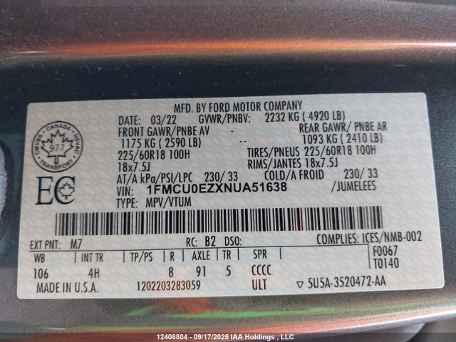 1FMCU0EZXNUA51638 Ford hev/phev