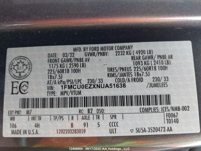 1FMCU0EZXNUA51638 Ford hev/phev