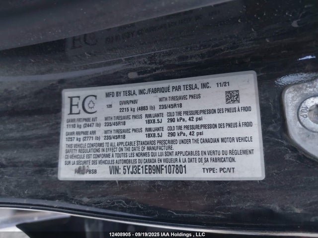 5YJ3E1EB9NF107801 Tesla MODEL 3