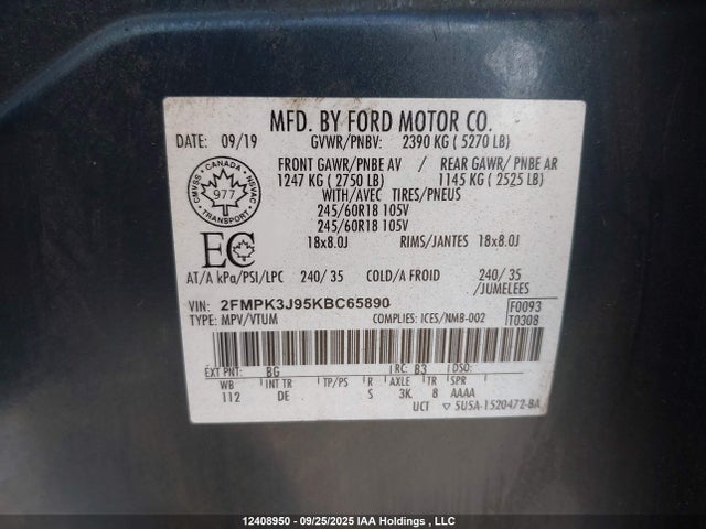 2FMPK3J95KBC65890 Ford 2.0l gtdi w/premium fuel