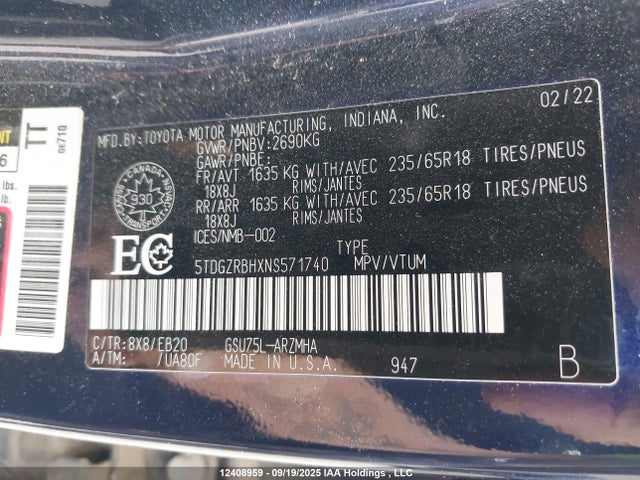 5TDGZRBHXNS571740 Toyota 2gr-fks