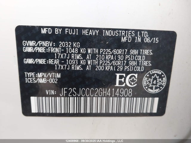 Subaru naturally aspirated c0 2016 JF2SJCCC2GH414908 Image 9