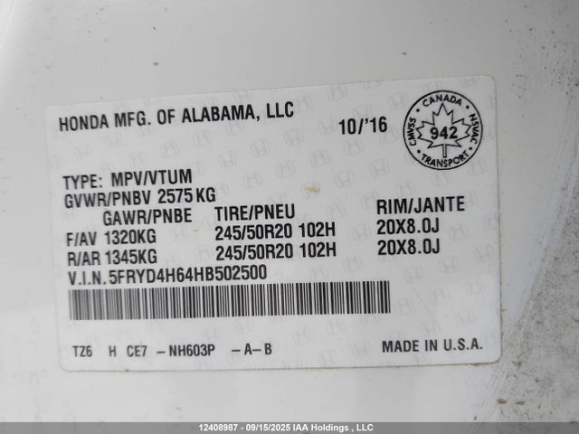 Acura j35y5 2017 5FRYD4H64HB502500 Image 9
