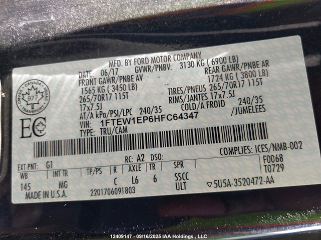 Ford 2.7l-4v 2017 1FTEW1EP6HFC64347 Image 9