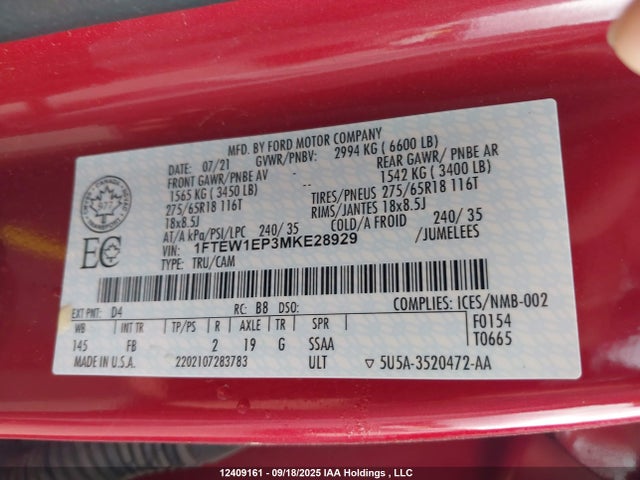 Ford 4v 2021 1FTEW1EP3MKE28929 Image 9
