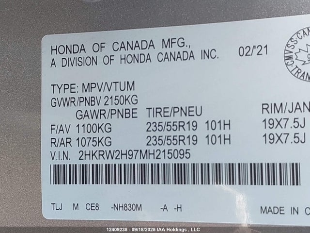 2HKRW2H97MH215095 Honda l15be