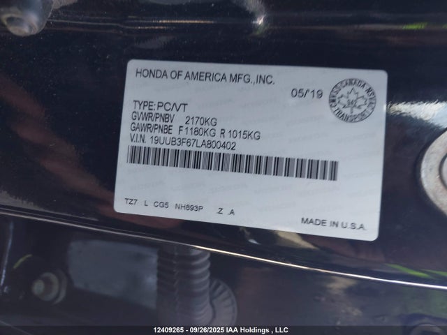 Acura j35y6 2020 19UUB3F67LA800402 Image 9