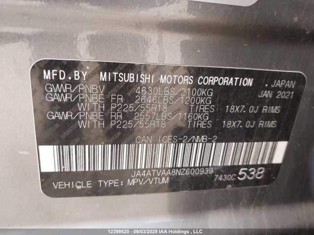 Mitsubishi tc/ic mivec 2022 JA4ATVAA8NZ600939 Image 9