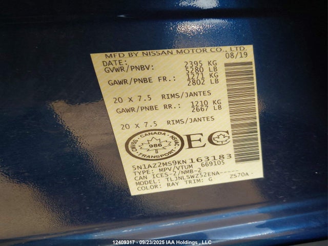 5N1AZ2MS9KN163183 Nissan 2019