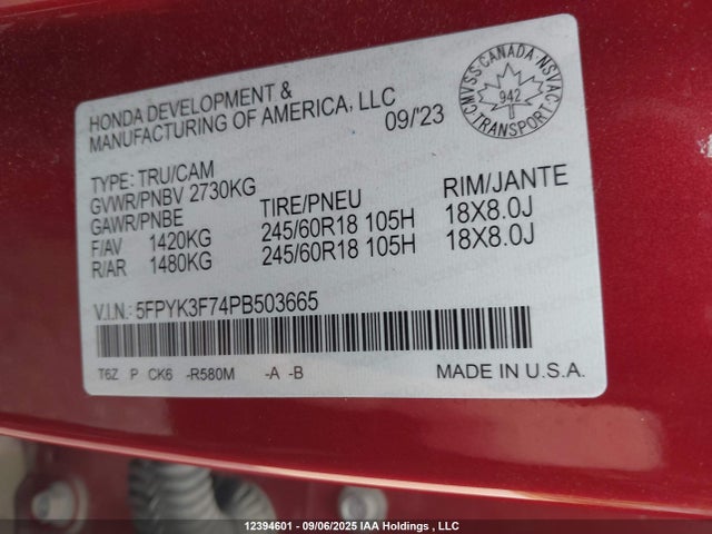 Honda j35y6 2023 5FPYK3F74PB503665 Image 9