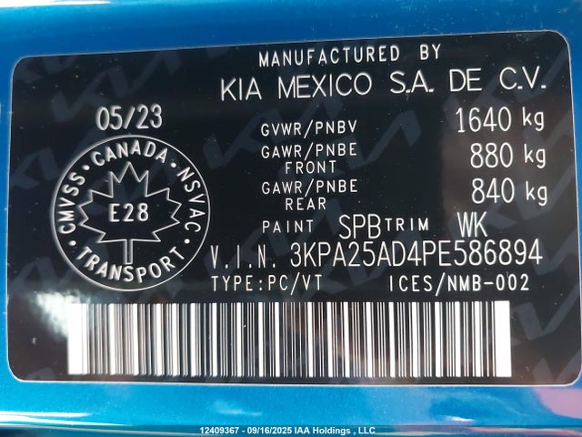 3KPA25AD4PE586894 KIA mpi gamma ii