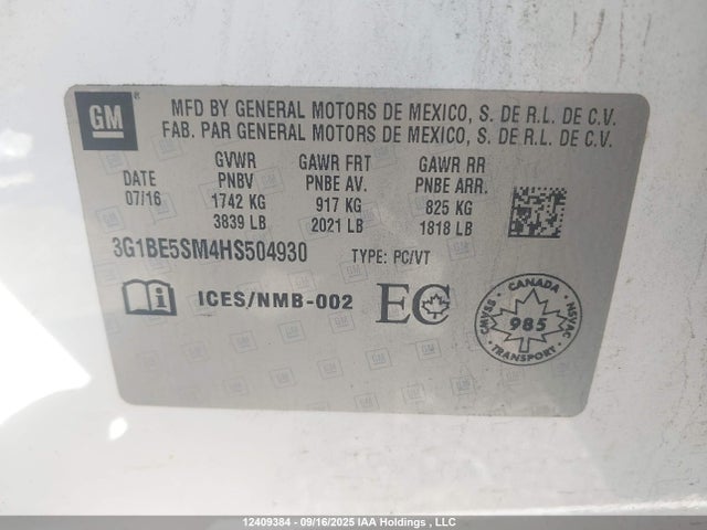 12409384 :رقم المزاد ، 3G1BE5SM4HS504930 vin ، 2017 Chevrolet Cruze Lt مزاد بيع