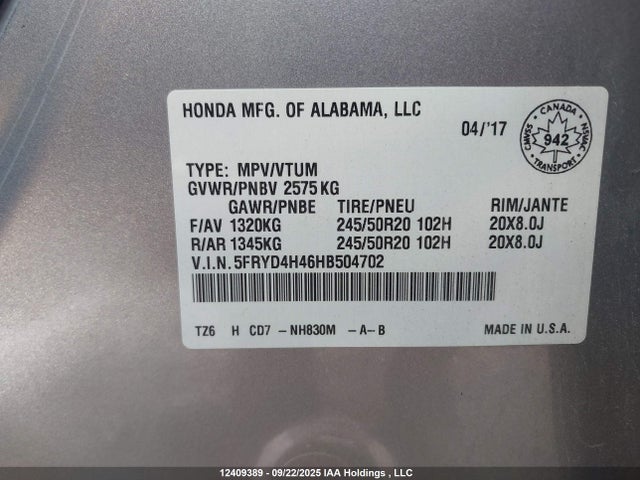 Acura j35y5 2017 5FRYD4H46HB504702 Image 9