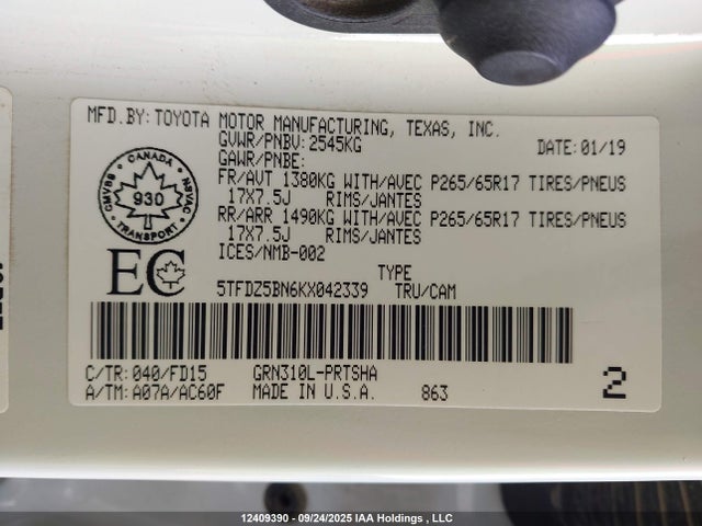 5TFDZ5BN6KX042339 Toyota 2gr-fks