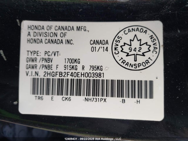 Honda r18z1 2014 2HGFB2F40EH003981 Image 9