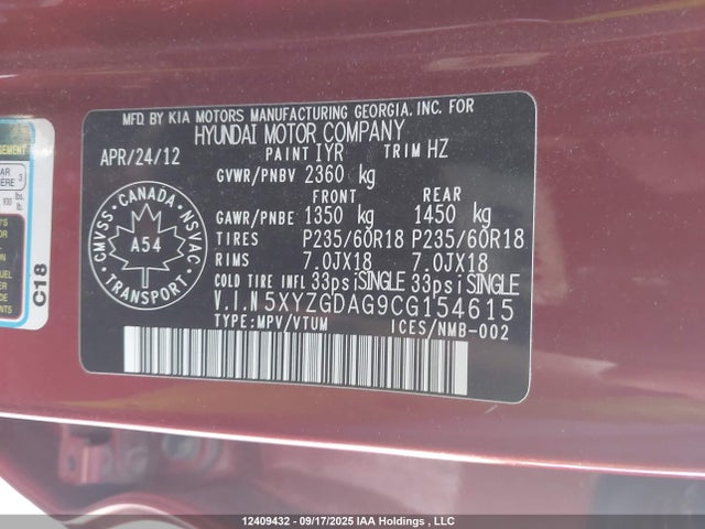 Aukcja sprzedaży 2012 Hyundai Santa Fe Gls, vin: 5XYZGDAG9CG154615, numer aukcji: 12409432
