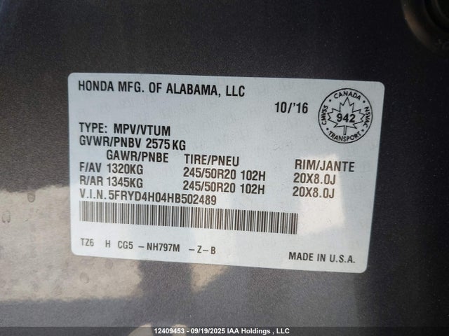 5FRYD4H04HB502489 Acura j35y5