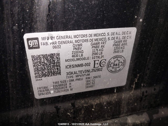2022 Gmc Terrain Sle მანქანა იყიდება აუქციონზე, vin: 3GKALTEV0NL252802, აუქციონის ნომერი: 12409513