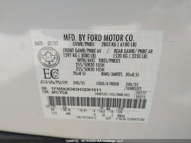 1FM5K8D83HGD61011 Ford 3.5l ti-vct