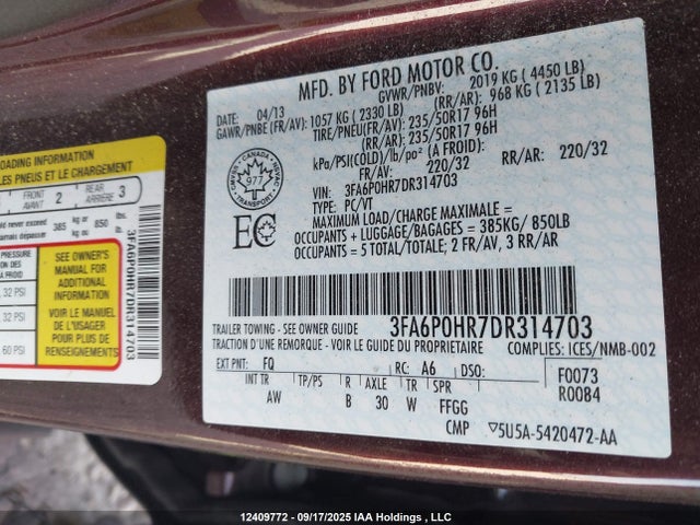 Продажа на аукционе авто 2013 Ford Fusion Se, vin: 3FA6P0HR7DR314703, номер лота: 12409772