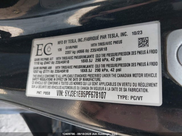 5YJ3E1EB5PF678107 Tesla MODEL 3