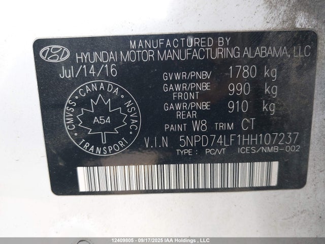 5NPD74LF1HH107237 Hyundai 2017