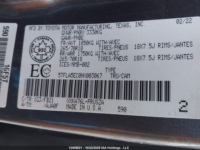5TFLA5EC0NX003067 Toyota Tundra Crewmax Sr5