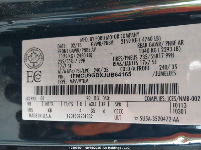 1FMCU9GDXJUB64165 Ford 1.5l gtdi sigma w/premium fuel