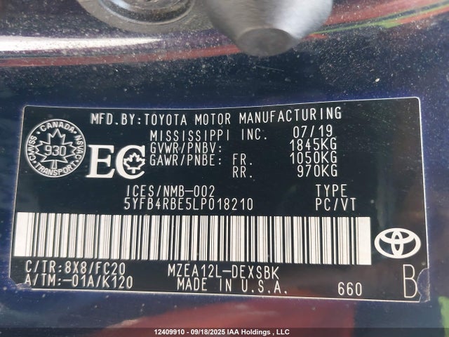 2020 Toyota Corolla მანქანა იყიდება აუქციონზე, vin: 5YFB4RBE5LP018210, აუქციონის ნომერი: 12409910