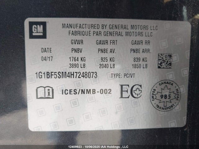 1G1BF5SM4H7248073 Chevrolet le2 -di: direct injection, vvt: variable valve timing, gen, alum