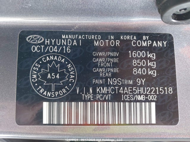 KMHCT4AE5HU221518 Hyundai Accent