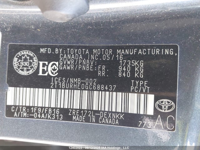 2T1BURHE0GC688437 Toyota 2zr-fe