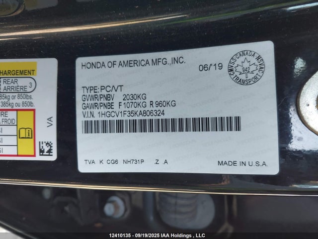 1HGCV1F35KA806324 Honda l15be
