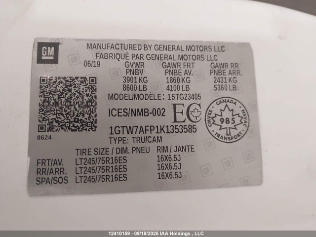 GMC lv1 - spark ignited direct injection, variable valve timing, e85 max, iron 2019 1GTW7AFP1K1353585 Image 9
