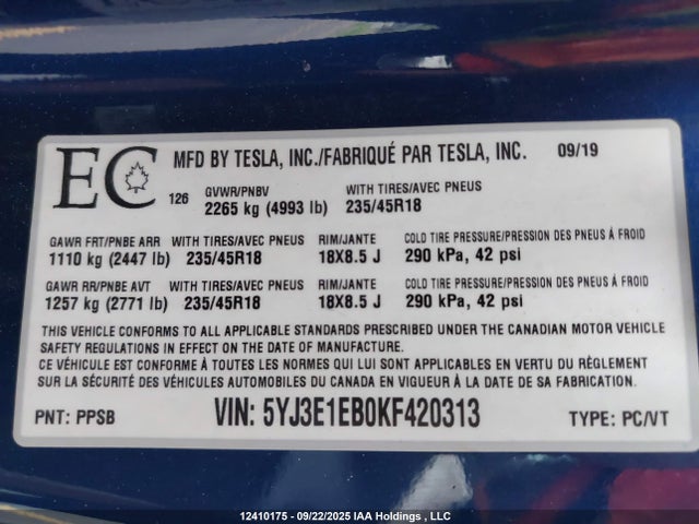 Tesla MODEL 3 2019 5YJ3E1EB0KF420313 Image 18