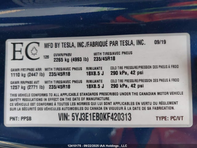 Tesla MODEL 3 2019 5YJ3E1EB0KF420313 Image 9