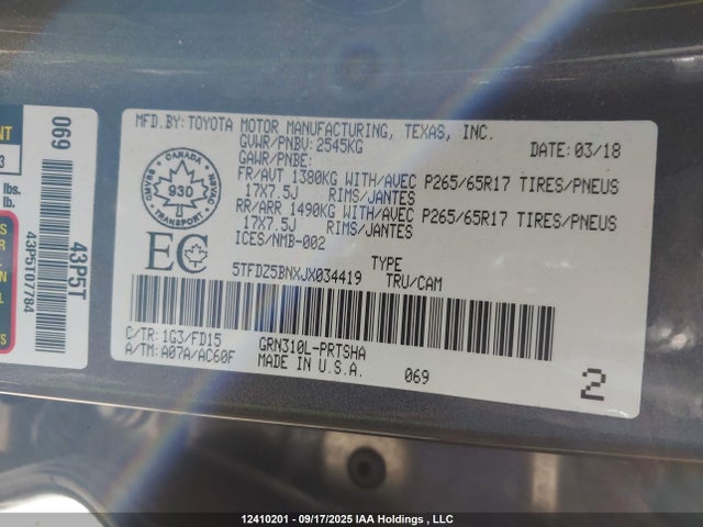 5TFDZ5BNXJX034419 Toyota 2gr-fks
