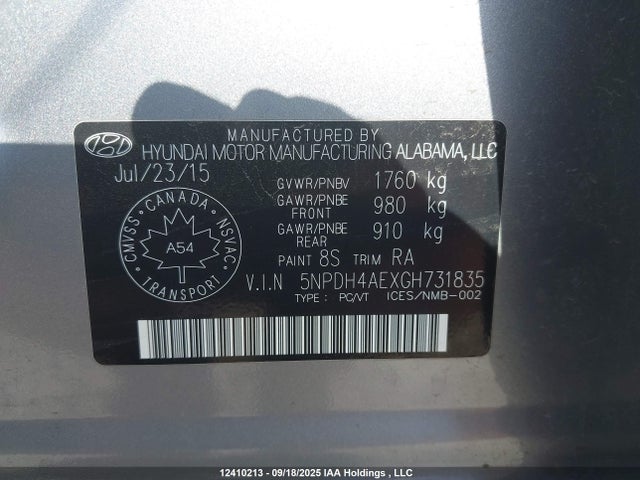 Hyundai dohc mpi nu 2016 5NPDH4AEXGH731835 Image 9