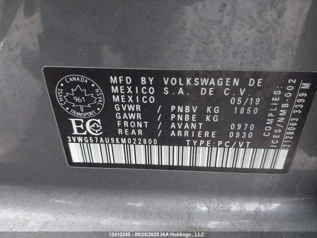 3VWG57AU9KM022800 Volkswagen 2019