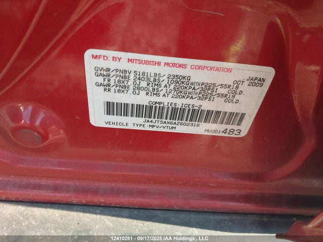 Aukcja sprzedaży 2010 Mitsubishi Outlander Gt, vin: JA4JT5AX6AZ602316, numer aukcji: 12410261