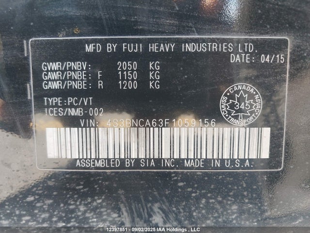 Subaru 2.5l c0 2015 4S3BNCA63F1059156 Image 9