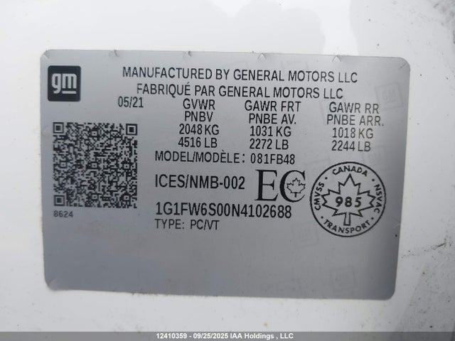 1G1FW6S00N4102688 Chevrolet Bolt Ev 1lt