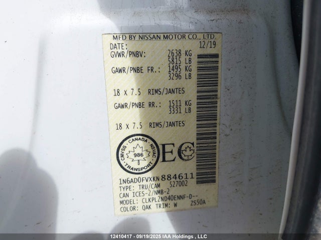 Nissan Frontier 2019 1N6AD0FVXKN884611 Image 9